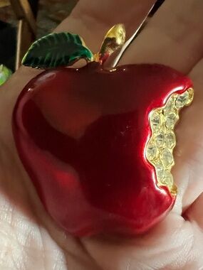 Vintage Rhinestone Red Enameled Apple with Bite Brooch Pin Signed Saxon